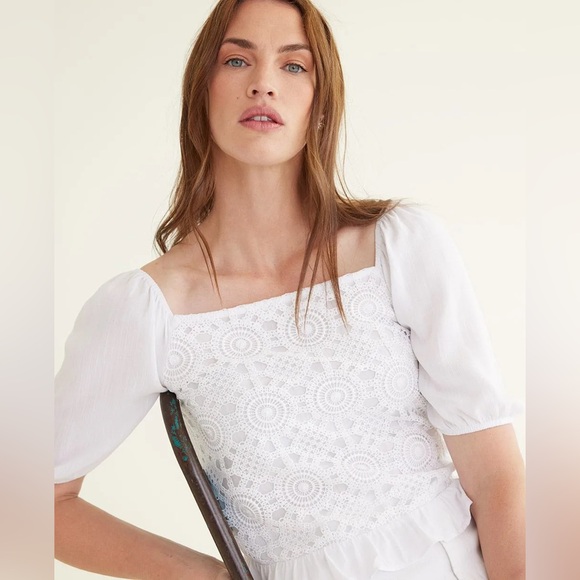 ✨NWT✨ Reitmans Short-Puffy-Sleeve Crochet Blouse with Square Neckline Size M - Picture 3 of 13